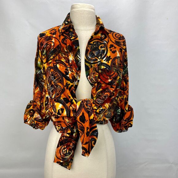 Vintage 90s Y2K Woman Blouse Medium Button Up Orange Boho Peasant Tribal Novelty - Picture 2 of 16